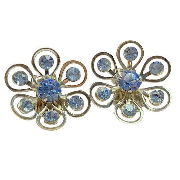 Unbranded Jewelry - Vintage Blue Crystal Floral Earrings Prong Set Center Stone Snapback Silvertone
